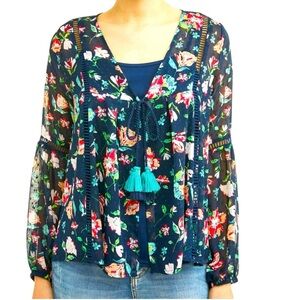 Time and Tru Sheer Navy Floral Front Tie Top Size Medium